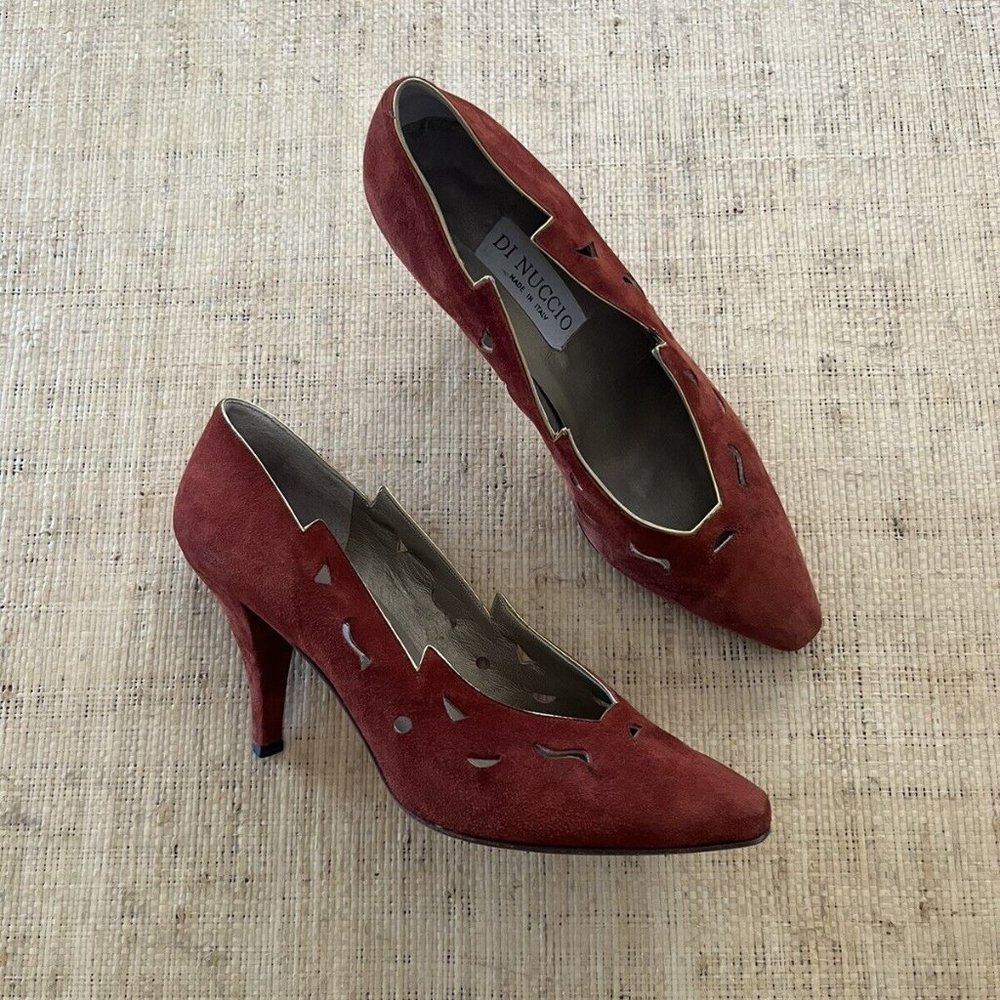 Di Nuccio Italy Vintage Suede Cut Out Gold Tipped Heels